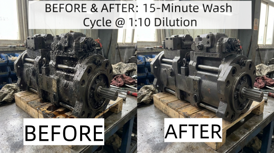 Before and after heavy gear oil removal with water based degreaser 6690