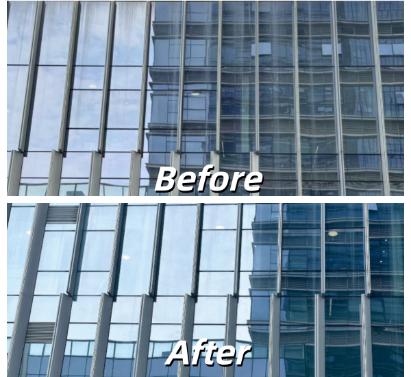 Side-by-side comparison of dirty vs clean solar glass showcasing the zero-residue finish