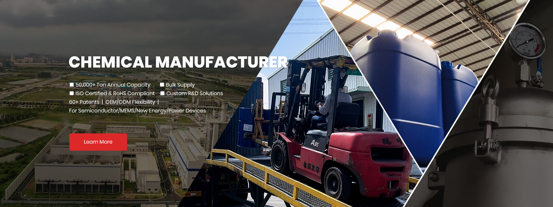 Yuanan Tech chemical factory producing semiconductor fluids with forklift loading drums and storage rack