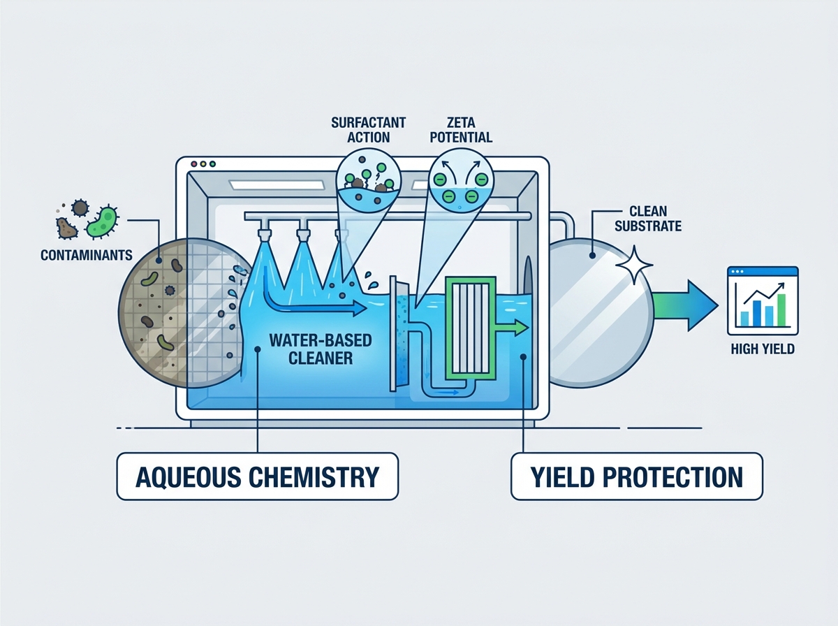 Water-based semiconductor cleaning process in a precision wet bench environment